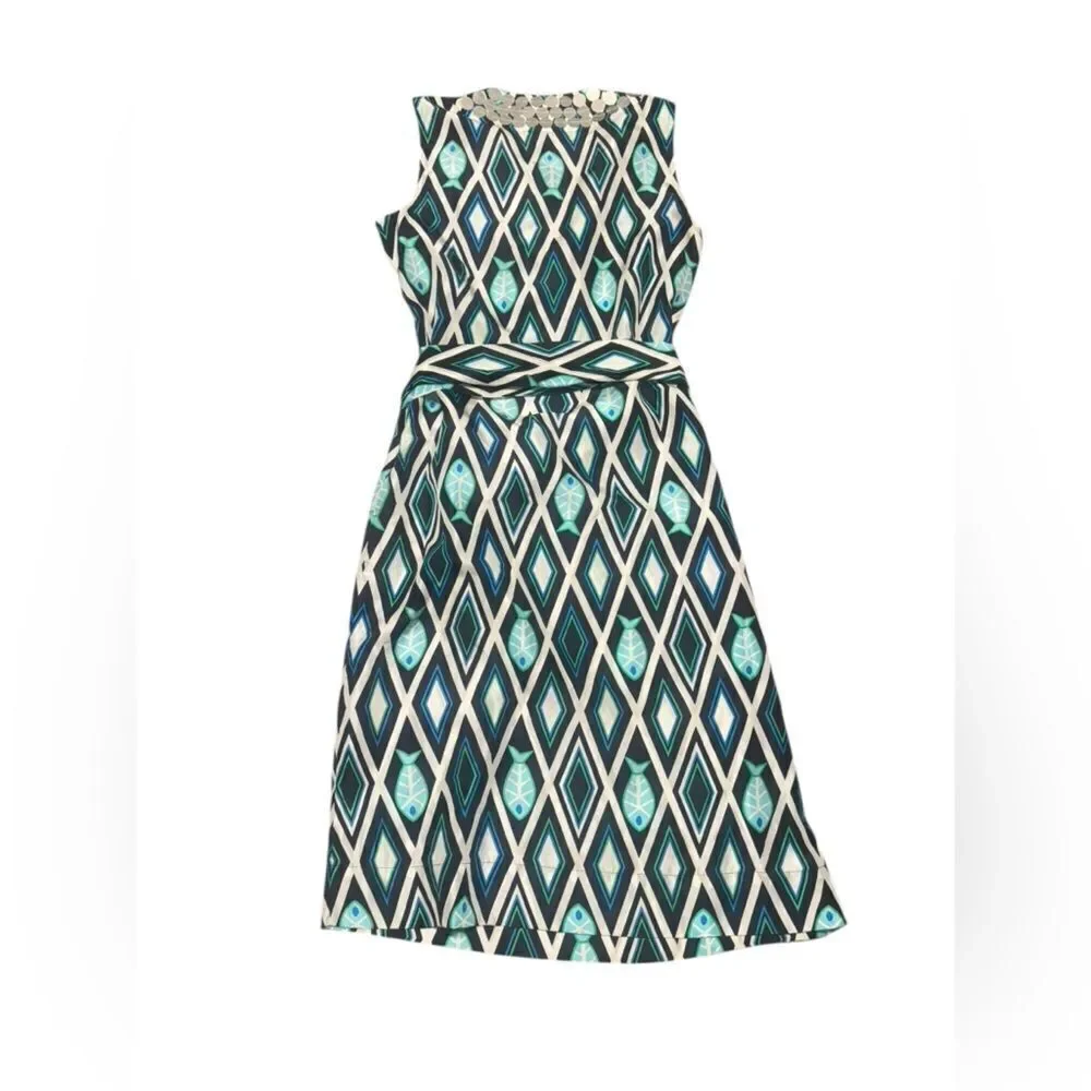 2000s TORY BURCH SILK Fish Print Blue/Turquoise embellished Kaftan Dress size 8
